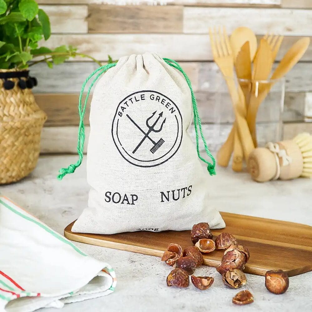 A bag of organic soap nuts in a modern kitchen setting