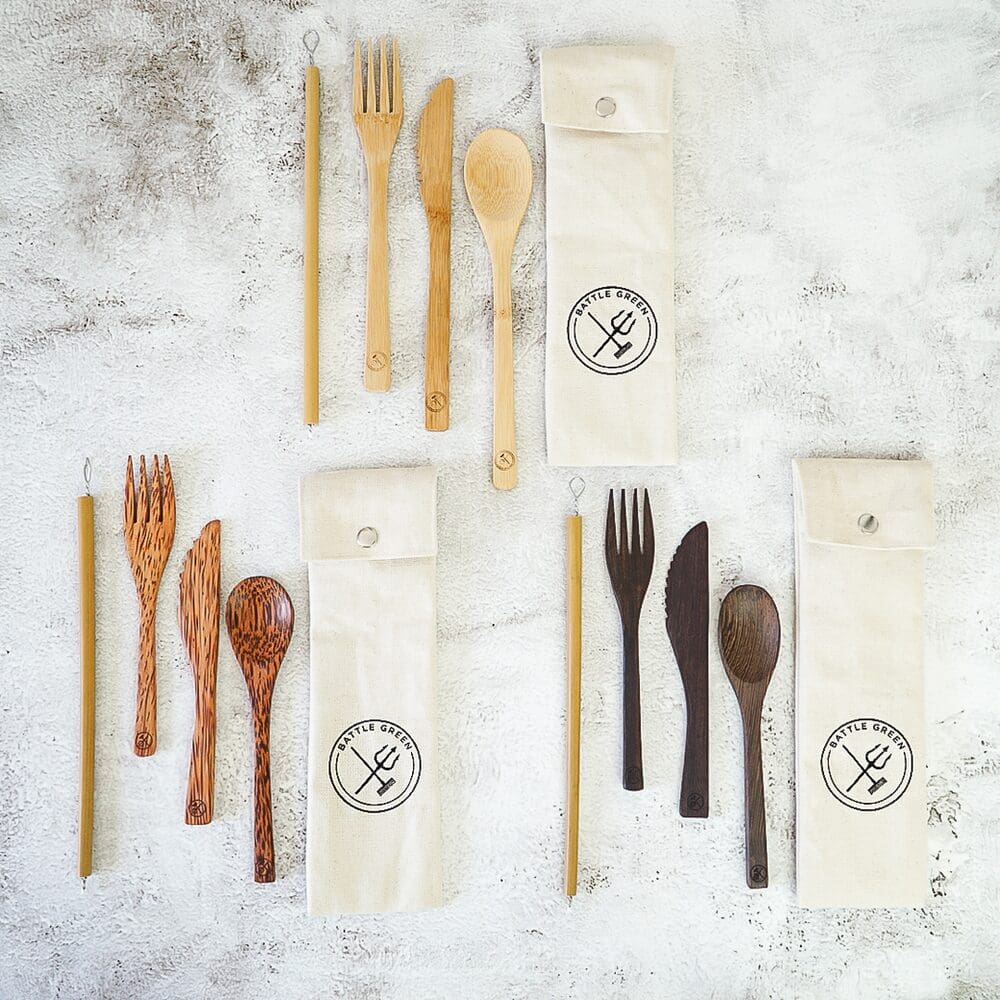 reusable wooden cutlery sets in organic cotton cutlery pouch