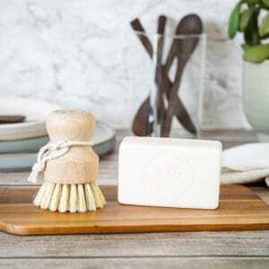 plastic free washing up set with dish soap bar and wooden dish brush